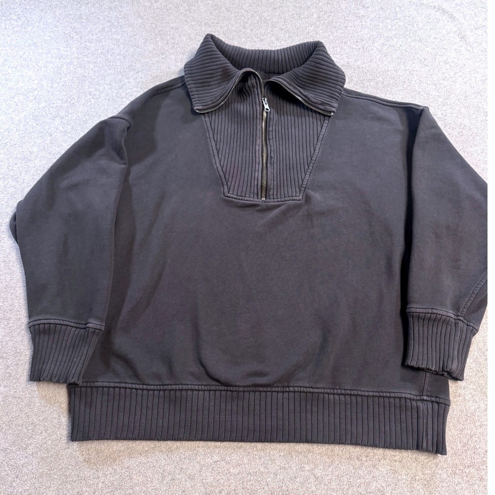 Aerie Quarter Zip Sweatshirt Womens Medium Gray Oversized Ribbed Pullover